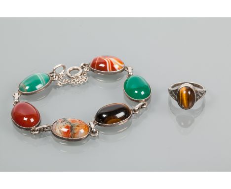 SCOTTISH SILVER BRACELET BY JOHN HART, IONA
set with tiger's eye and agate stones, marked 'JH SILVER'', together with a John 