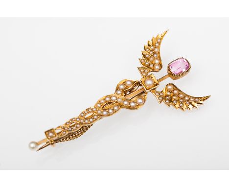 LATE VICTORIAN PINK SAPPHIRE AND SEED PEARL CADUCEUS BROOCH
the wings and serpents set with seed pearls, the terminal set wit