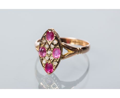 MARQUISE SHAPED DIAMOND AND RUBY CLUSTER DRESS RING
the marquise shaped bezel set with four oval rubies, surrounded by smalle