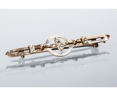 NINE CARAT GOLD EDWARDIAN SEED PEARL BAR BROOCH
of floral design, set with seed pearls, in nine carat gold, 49mm long