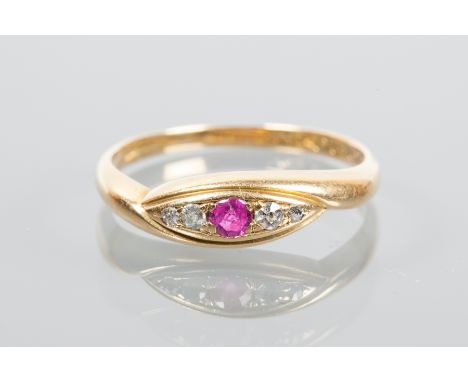 VICTORIAN RUBY AND DIAMOND RING
set with a central ruby flanked by two diamonds on each side, in a boat shaped setting, hallm