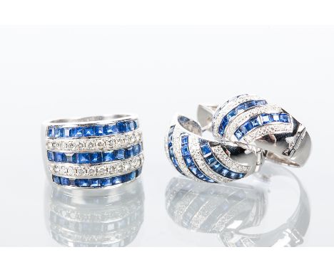 SAPPHIRE AND DIAMOND DRESS RING AND EARRING SET
the ring set with three rows of channel set square cut diamonds, separated by