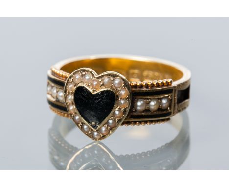 VICTORIAN SEED PEARL MOURNING RING
with a heart shaped bezel and engraved and enamel decoration, set with seed pearls, hallma