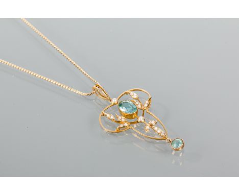 EDWARDIAN TOPAZ AND SEED PEARL SET PENDANT ON CHAIN
of sinuous openwork form, set with two topaz and seed pearls, in fifteen 