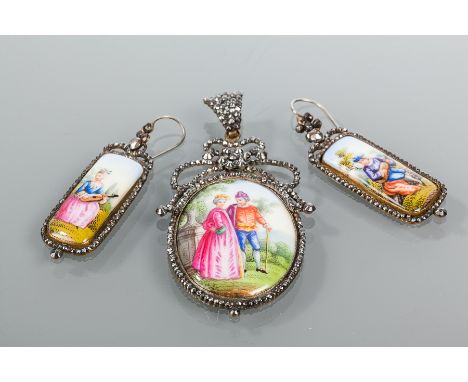 ENAMELLED LIMOGES PENDANT AND EARRING SET
the pendant of oval form with enamelled figures, in a white metal and marcasite set
