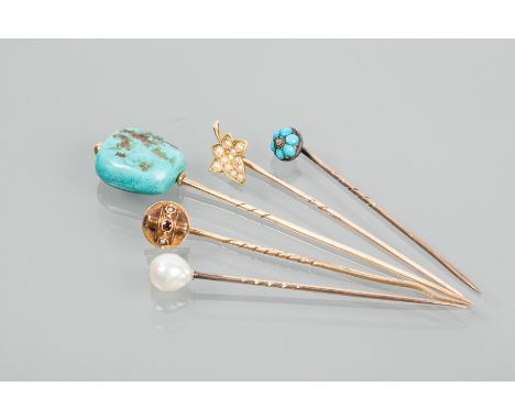 GROUP OF FIVE STICK PINS
one of pearl set leaf design, one set with turquoise and diamonds, one set with a single pearl, one 