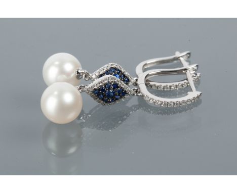 PAIR OF SAPPHIRE AND DIAMOND PEARL EARRINGS
each with a cultured pearl suspended from a diamond and sapphire cluster, on diam