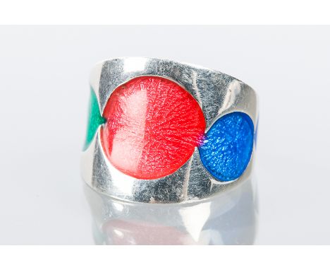 DANISH SILVER ENAMELLED RING
by Erik Steen Solodziuk, c.1970s, with enamelled pink, blue, green and white sections, marked, s
