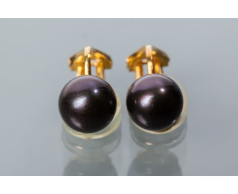 PAIR OF BLACK PEARL EARRINGS
each set with a pearl measuring approximately 7.85mm diameter, in eighteen carat yellow gold, wi