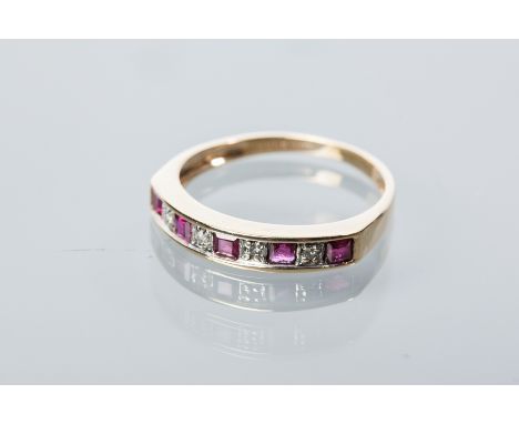 RUBY AND DIAMOND HALF ETERNITY RING
set with alternating square rubies and round diamonds, hallmarked for nine carat gold, si