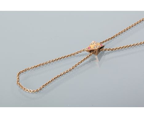UNUSUAL VICTORIAN RUBY AND SEED PEARL SLIDE PENDANT
the sliding rhombic pendant set with rubies and seed pearls, unmarked, on