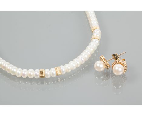 PEARL NECKLACE WITH MATCHING EARRINGS
the necklace formed by spherical white pearls, interspersed with yellow metal beads, th