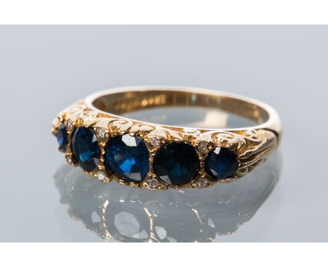 LATE VICTORIAN SAPPHIRE FIVE STONE RING
the five round sapphires interspaced by brilliant cut diamonds, hallmarked nine carat