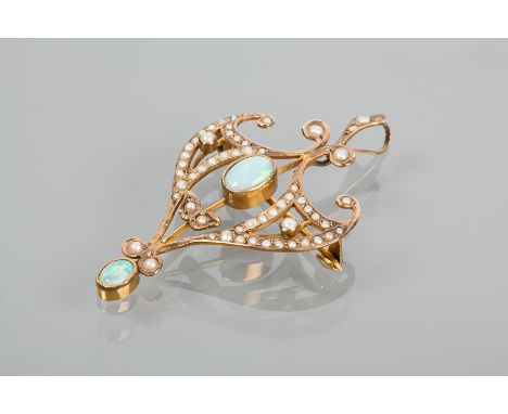 EDWARDIAN OPAL AND SEED PEARL HOLBEIN
of openwork form, set with a central oval opal, surrounded by seed pearls, with an oval