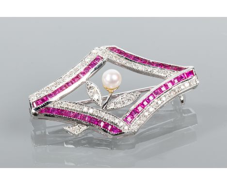 RUBY, DIAMOND AND PEARL FLOWER BROOCH
with a central flower set with a single spherical pearl and round diamonds, in a rhombi