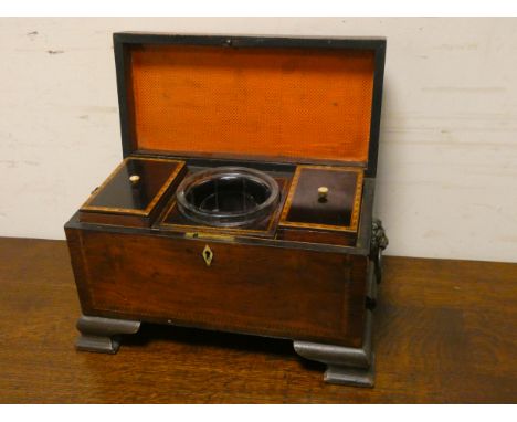 A Georgian inlaid mahogany three division tea caddy with glass mixing bowl, 12" wide 
