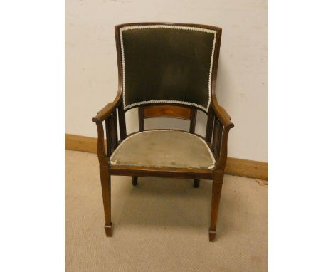 Edwardian inlaid mahogany tub shaped elbow chair with green upholstered seat and back 