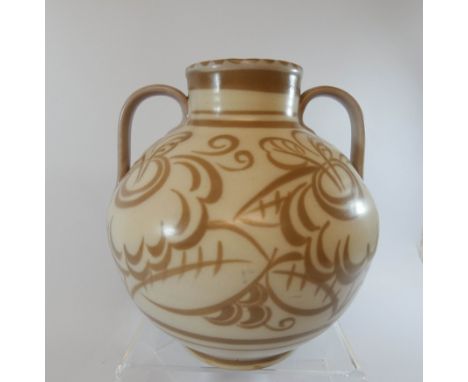 An early Poole Pottery Carter Stabler &amp; Adams twin handled vase decorated in an Art Deco style mushroom glaze, 25cms tall