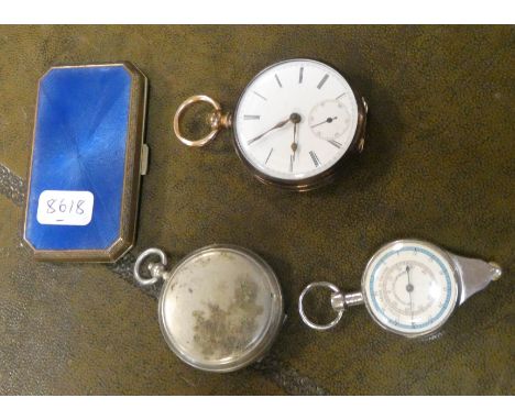 A plated pocket watch, compass, map measurer and a cigarette case 