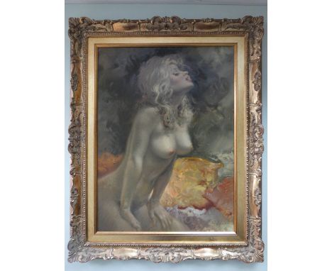 Giuseppe Merighi oil on canvas of a portrait nude of a blonde haired woman signed lower right in ornate gilt frame, image siz