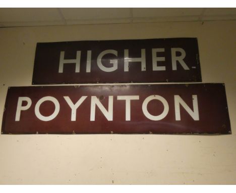 Two old enamel railway station signs for Higher Poynton in Cheshire, overall length of the two is 127"