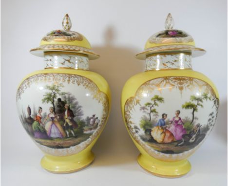 A large pair of Dresden ginger jars and covers, each side decorated with a pastoral 18th Century style scene within gilt bord