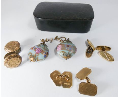 Two pairs of vintage 9ct yellow gold cufflinks, Venetian glass earrings with screw fittings and some shirt studs all within a