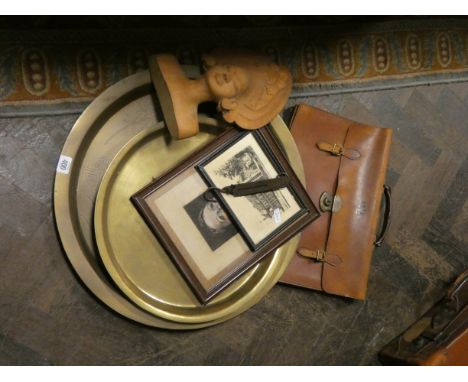 Three circular brass trays, attaché case, barometer, wooden bust etc 