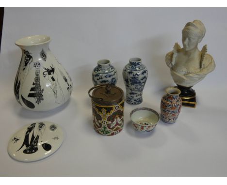 Two Poole Pottery Beardsley pattern pieces, oriental vases, plaster bust etc 