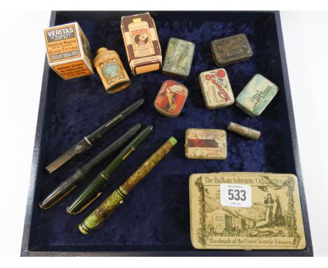 A tray of collectables to include four vintage fountain pens, cigarette and other tins 