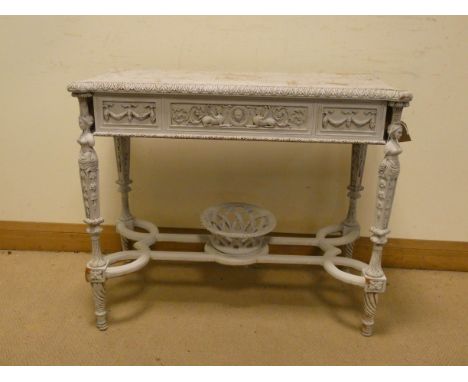 A shabby chic white painted French style console table with cross stretcher base with fruit bowl, 34" wide 