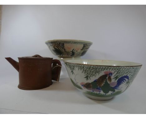 Chinese Yixing teapot and two Chinese bowls, one decorated with cockerels