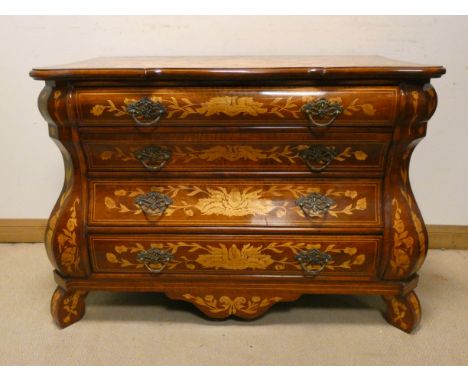 A continental marquetry inlaid bombe commode chest of four long drawers with brass handles, 47" wide 