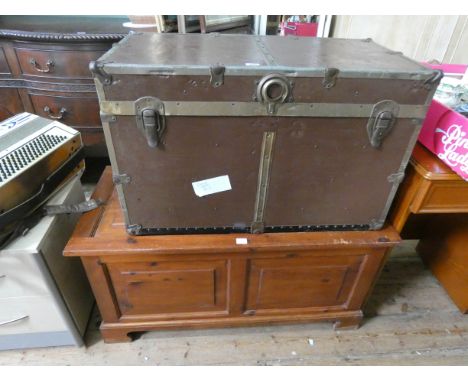 Stained pine blanket chest and an old metal bound trunk 