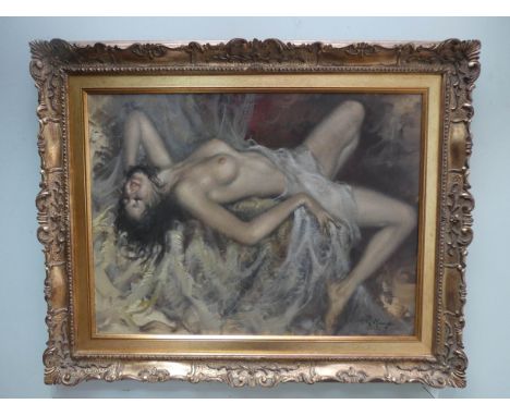 Giuseppe Merighi contemporary Italian portrait nude of a dark haired woman reclining on a bed, signed lower right in ornate g