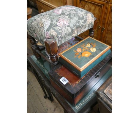 Small stool, china bowl, musical trinket box and an inlaid box 