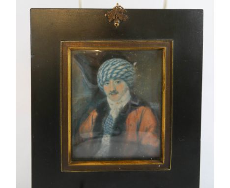A portrait miniature of a 19th century gentleman wearing a turban in ebonised frame, frame height 16cms 
