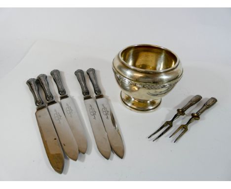 A hallmarked silver sugar basin, 800 standard pickle forks and some silver handled cutlery, sugar basin weighs 4 1/2 troy ozs