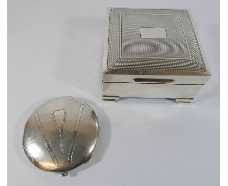 1930's Art Deco silver cigarette box and a 1930's sterling silver Art Deco circular compact 