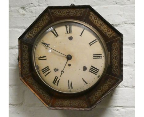 An octagonal Regency brass inlaid wall clock with circular enamelled dial, 10" diameter 