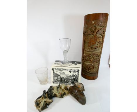 An assortment of collectables to include Latticino stem wine glass, Balkan Sobranie tobacco box, oriental carved figurine and