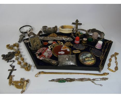 A collection of ladies bangles, large agate set brooch, pince-nez, rosary, jewellery etc all contained within a vintage pine 
