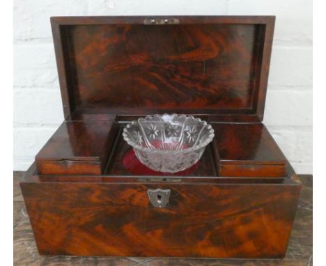 A Georgian mahogany three division tea caddy with silver handle and mounts 