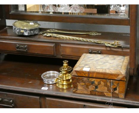 Victorian marquetry sewing box with fittings (condition poor), pair of brass candlesticks, chestnut roaster, toasting fork, c