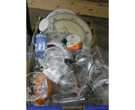 A large box of drinking glasses, plates, china etc 