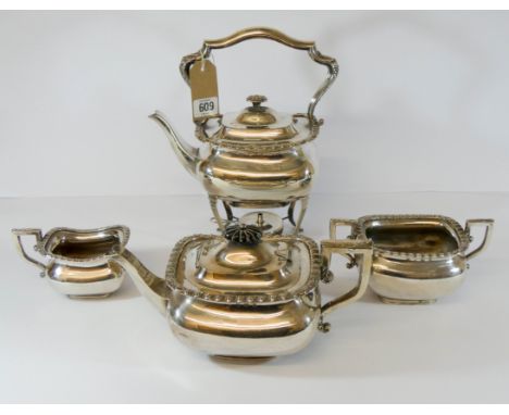 A good quality Edwardian four piece tea service comprising tea kettle on stand, tea pot, cream jug and sugar basin, Birmingha