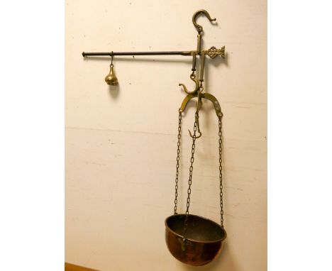 Large brass beam scales with heavy weight and large copper bowl 