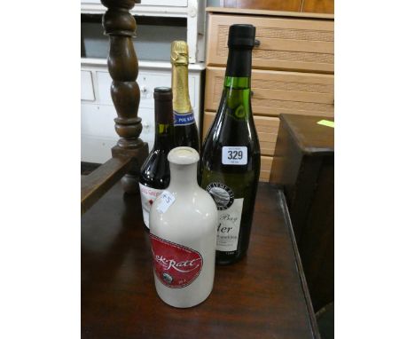 Two bottles of sparkling wine, a red wine and two bottles of cider 