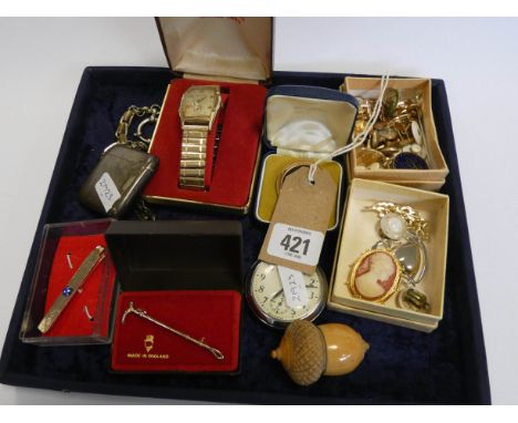 Vintage watches, shirt studs, Cameo brooch, plated Vesta case etc 