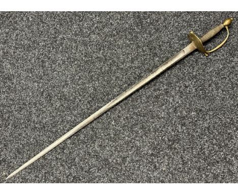 Sword with single edged fullered blade 815mm in length, no makers mark. Brass heart shaped guard. Wire bound grip. Overall le